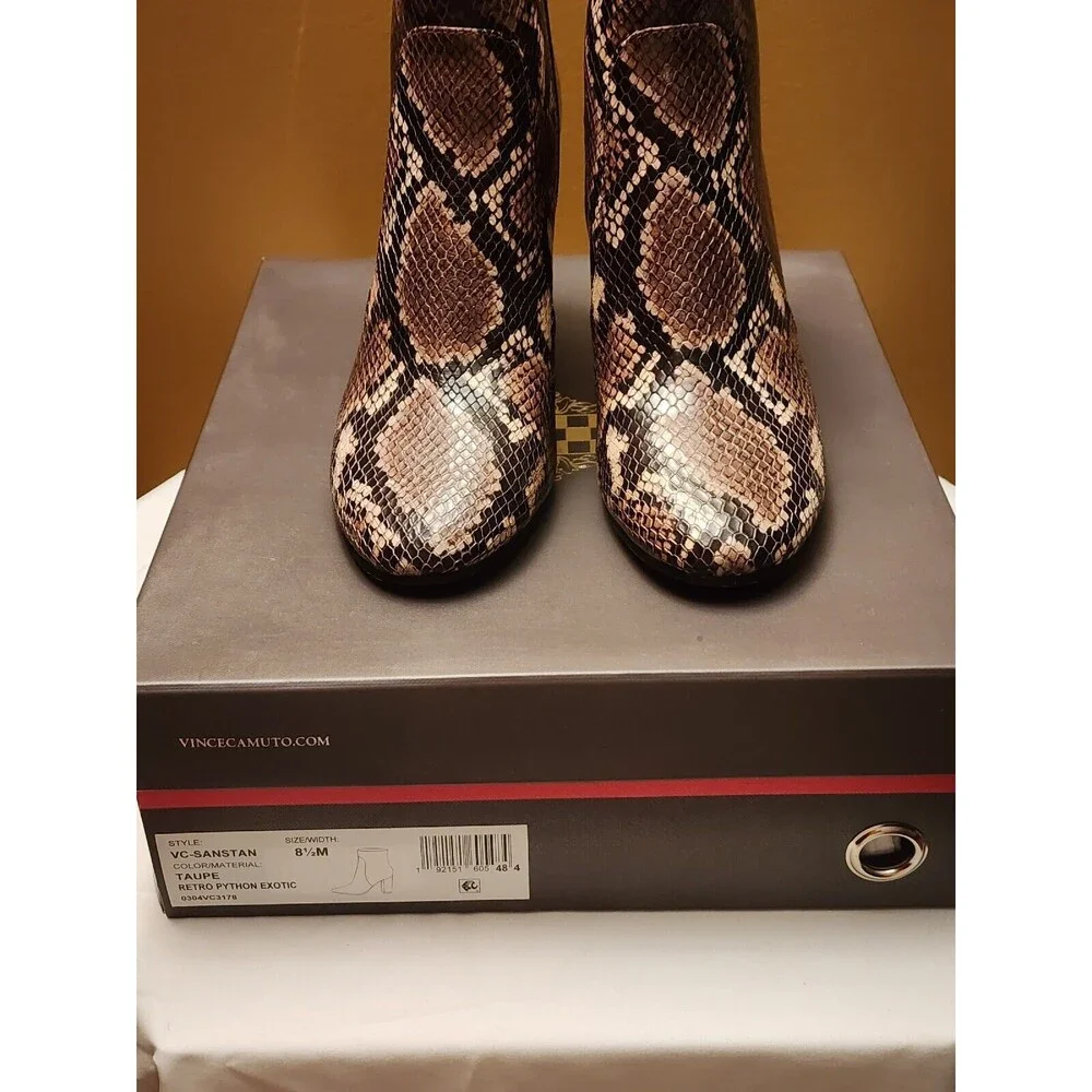 Vince Camuto Sanstan Bootie Heels Size 8.5 M Taupe Snake Skin